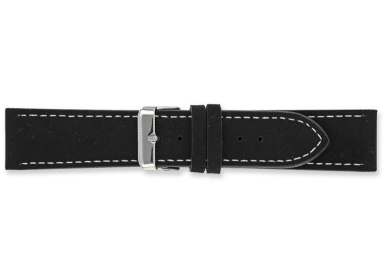 Velvet look leather watch straps, black - Contrasting stitching