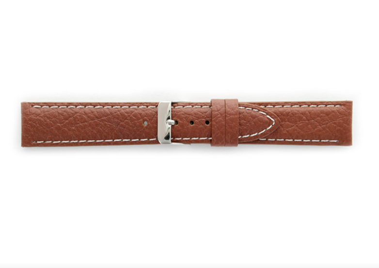 Superior quality cowhide leather watch strap, white contrasting stitching, cognac color