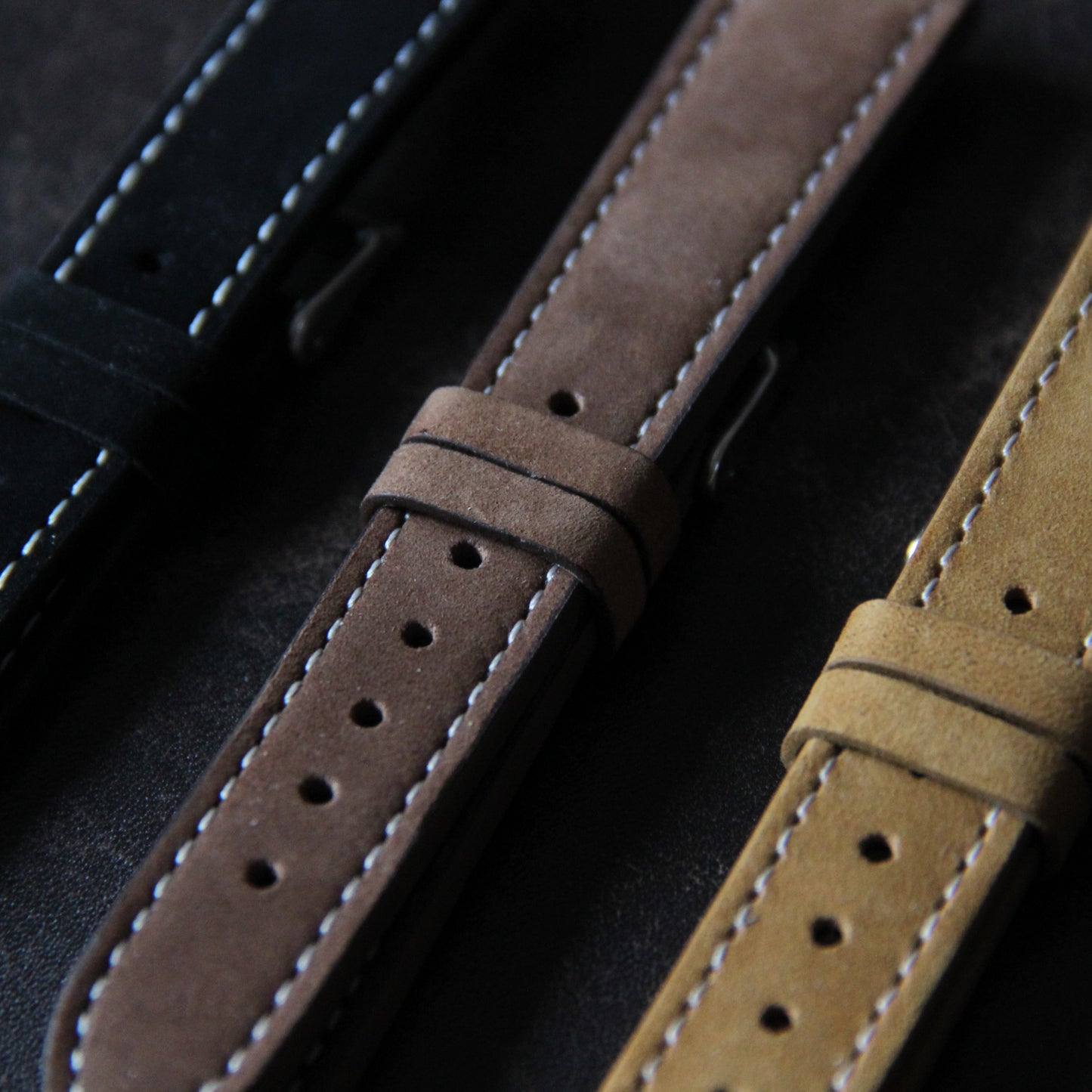 Velvet look leather watch straps, black - Contrasting stitching